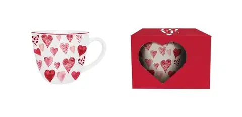 Hrnčeky, šálky, podšálky DUO - Hrnček 460ml HEARTS 1, biely a červené srdcia v darčekovej krabičke, porcelán