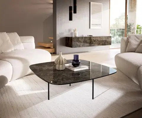Konferenčné stolíky DELIFE Konferenčný stolík Edge zaoblený 90x90 cm keramika Laminam® Emperador Extra Lucidato tmavohnedá Trive kov čierna