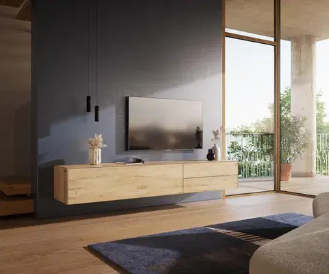 Televízne stolíky DELIFE TV stolík Cuor 220 cm keramika Laminam® Sabbia dubová farba 1 výklopné dvierka 2 zásuvky závesný