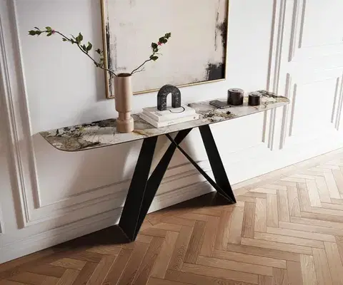 Konzolové stolíky DELIFE Konzolový stolík Edge zaoblený tvar 180×40 cm keramika Patagonia leštená Velio kov čierna