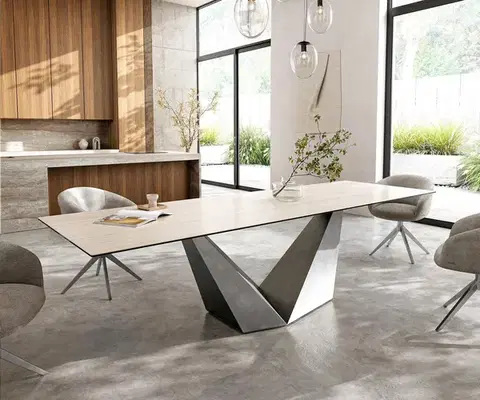 Jedálenské stoly DELIFE Jedálenský stôl Edge 300x100 keramika Laminam® Travertino Bianco krémovo bielo prisma metalická strieborná