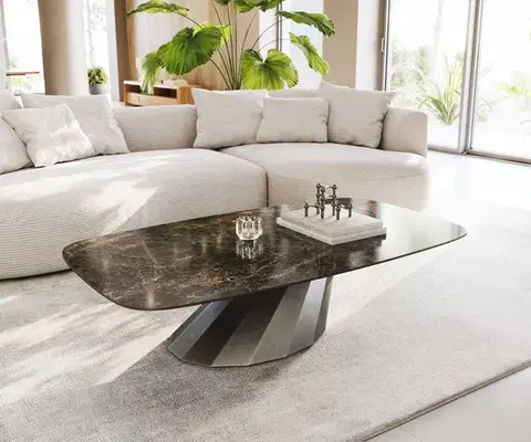 Konferenčné stolíky DELIFE Konferenčný stolík Edge zaoblený 140x80 cm keramika Laminam® Emperador Extra Lucidato tmavohnedá Parabi metalická strieborná