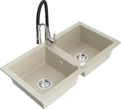 Kuchynské drezy MEXEN/S MEXEN/S - Mario granitový drez 2-bowl vrátane batérie Aster, bážová 6504-69-73450-07