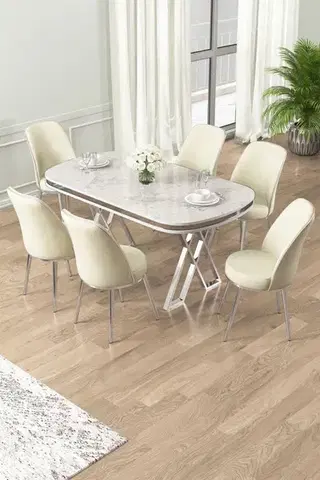 Jedálenské sety Dining Table & Chairs Set (7 Pieces) Lai - White, Chrome, Cream