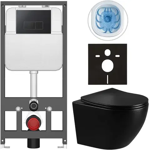 Záchody CERANO - Kompletný WC set Basic/Cesso - čierna lesklá - WC tlačidlo Modulo/Čierna - závesné - predstenová inštalácia - 49x36 CER-8050BD86323