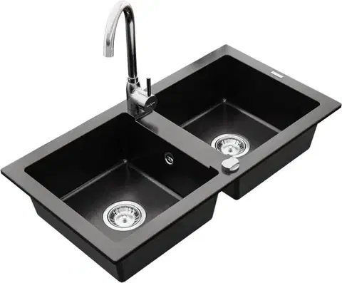 Kuchynské drezy MEXEN/S MEXEN/S - Mario granitový drez 2-bowl vrátane batérie Telma, čierna 6504-77-670200-00