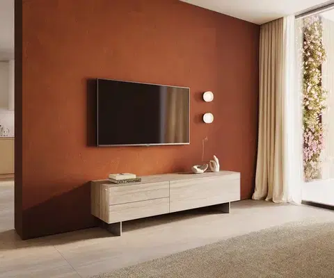 Televízne stolíky DELIFE TV stolík Cuor 180 cm keramika Laminam® Travertino Bianco krémovo biela 1 výklopné dvierka 2 zásuvky podstava závesná nerezová oceľ