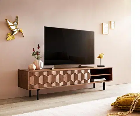 Televízne stolíky DELIFE TV stolík Fevo 160 cm akácia hnedá 2 dvierka podstava v tvare L