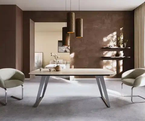 Jedálenské stoly DELIFE Jedálenský stôl Edge zaoblený tvar 200x100 keramika Laminam® Travertino Bianco krémovo biela nerezová oceľ šikmý