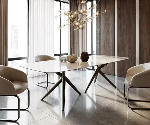 Jedálenské stoly DELIFE Jedálenský stôl Edge zaoblený 270x120 keramika Iris FMG Onice Grigio Estelar okrúhly kov efektová povrchová úprava titánová