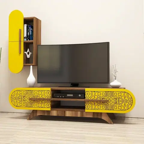 Obývacie steny TV skrinka / Obývacia stena Defne - Walnut, Yellow