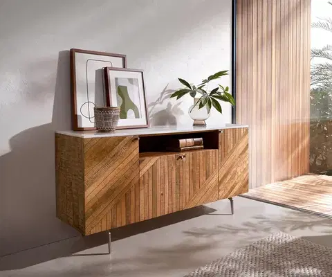Komody DELIFE Komoda Bahan 145 cm mango teak 4 dvierka 1 priehradka mramorová doska biela podstava v tvare L nerezová oceľ