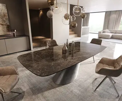 Jedálenské stoly DELIFE Jedálenský stôl Edge zaoblený tvar 240x120 keramika Laminam® Emperador Extra Lucidato tmavohnedá kužeľ metalická strieborná