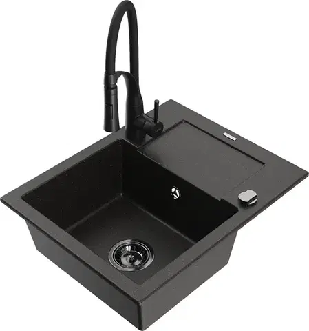 Kuchynské drezy MEXEN/S MEXEN/S - Enzo granitový drez 1 s odkvapkávačom vrátane batérie Aster, čierna/zlatá metalik 6506-75-73450-70-B