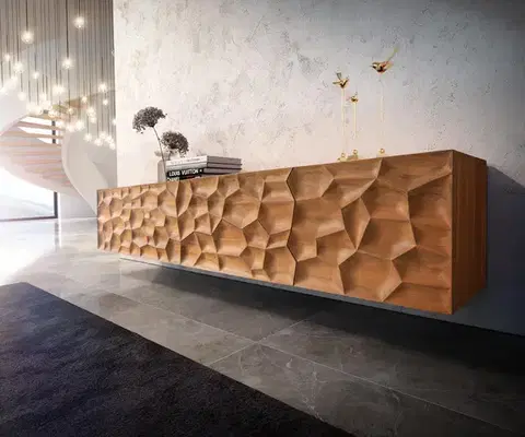 Televízne stolíky DELIFE TV stolík Solu 220 cm akácia prírodná 2 dvierka 4 zásuvky závesný 3D čelo