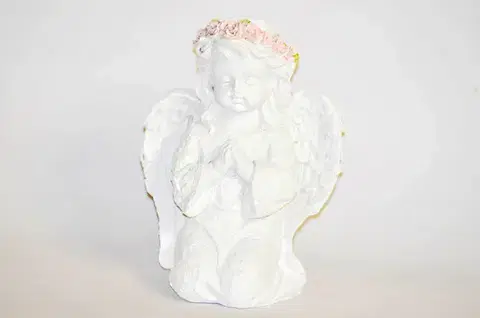 Sošky, figurky - anjeli MAKRO - Anjel biely s ružovým venčekom kľačiaci 16cm, polyrezin