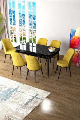 Jedálenské sety Extendable Dining Table & Chairs Set (7 Pieces) Zen - Black Marble, Mustard