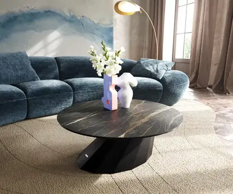 Konferenčné stolíky DELIFE Konferenčný stolík Edge okrúhly 90x90 cm keramika Laminam® Noir Desir hnedá Parabi kov čierna