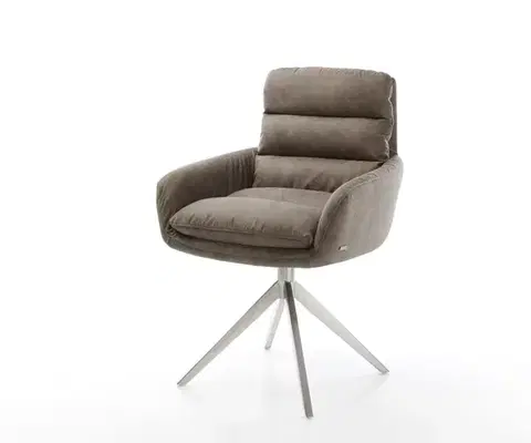 Jedálenské stoličky DELIFE Otočná jedálenská stolička Abelia-Flex s opierkami mikrovlákno taupe vintage krížová podstava široká nerezová oceľ 360° otočná hojdacia funkcia