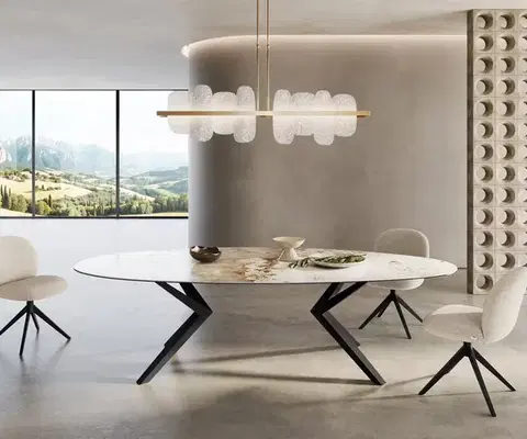 Jedálenské stoly DELIFE Jedálenský stôl Edge oválny 280x130 keramika Minas Melange bielo-béžová Zenthara hranatý kov čierna
