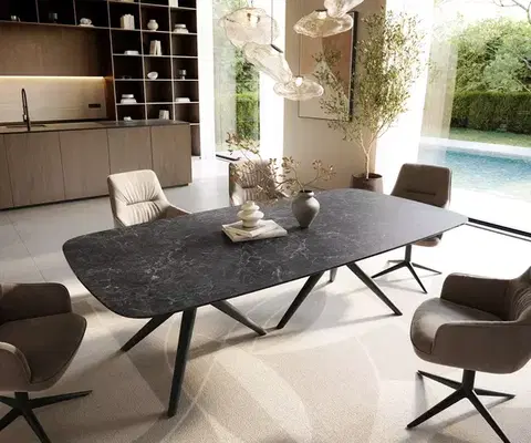 Jedálenské stoly DELIFE Jedálenský stôl Edge zaoblený 240×120 cm keramika Laminam® Nero Greco antracit Estelar okrúhly kov čierna