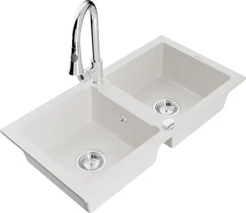 Kuchynské drezy MEXEN/S MEXEN/S - Mario granitový drez 2-bowl vrátane batérie Elia, biela 6504-20-670101-00