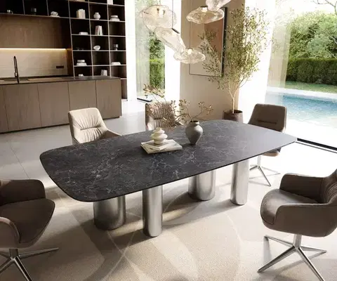 Jedálenské stoly DELIFE Jedálenský stôl Edge zaoblený 240×120 cm keramika Laminam® Nero Greco antracitová pilier nerezová oceľ kefovaná