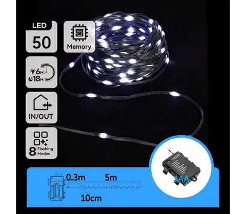 LED osvetlenie  B.V.  -LED Vonkajší  reťazec 50xLED/8 funkcií 3xAA 5,3m IP44 studená biela B10303K1L