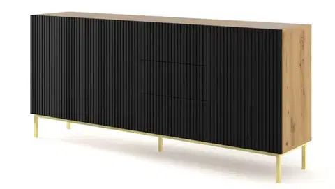 Komody ArtBm Komoda RAVENNA B 3D3S 200 | dub artisan / čierna matná Prevedenie: Dub artisan / čierny mat / zlatá podnož