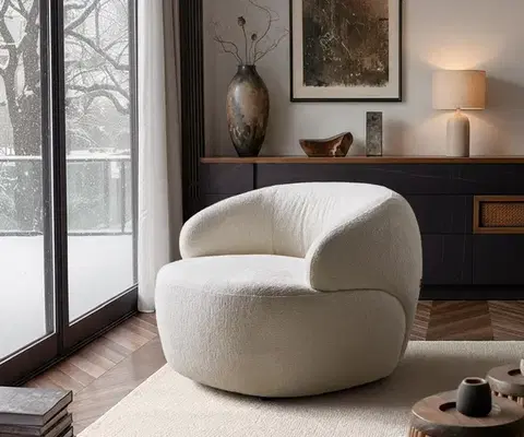 Lounge kreslá DELIFE Lounge kreslo Nova 88x88 cm bouclé mäkký béžová