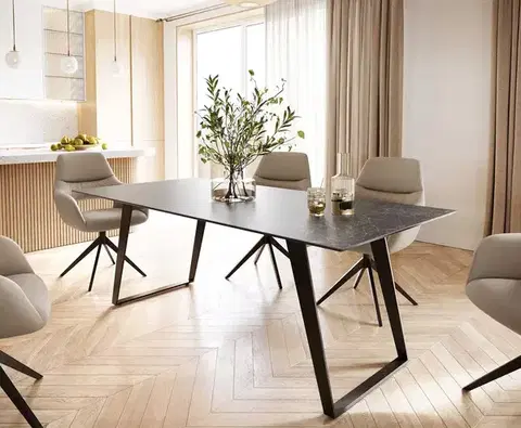Jedálenské stoly DELIFE Jedálenský stôl Edge 200x100 keramika Laminam® Nero Greco antracitová kov šikmý čierna