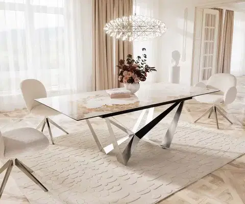 Jedálenské stoly DELIFE Jedálenský stôl Edge 180-220x100 keramika Minas melange bielo-béžová Spider plochá oceľ nerezová oceľ rozkladací