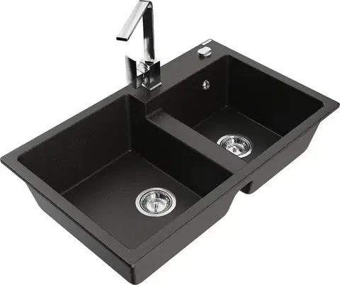 Kuchynské drezy MEXEN/S MEXEN/S - Tomas granitový drez 2-bowl vrátane batérie Rita, čierna/zlatá metalik 6516-75-670300-00