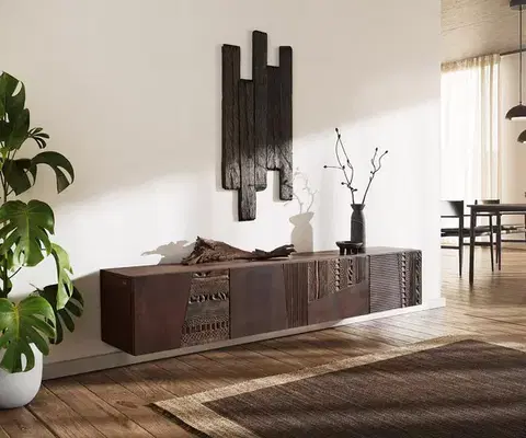 Televízne stolíky DELIFE TV stolík Imara 200 cm mango hnedá 4 dvierka závesné