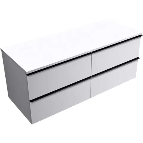 Kúpeľňový nábytok CERANO - Kúpeľňová skrinka Velora - biela matná, úchytka čierna + doska pod umývadlo Navira Slim - 18 mm - 140x54,8x46,5 CER-665173