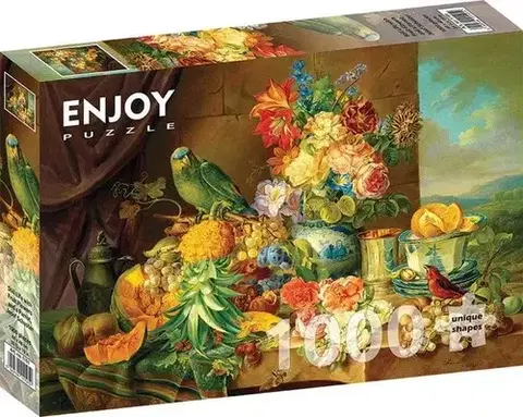 1000 dielikov Enjoy Puzzle Josef Schuster: Zátišie s ovocím, kvetmi a papagájom