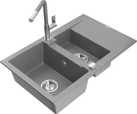 Kuchynské drezy MEXEN/S MEXEN/S - Gaspar granitový drez 1.5 s odkvapkávačom vrátane batérie Flora, šedá 6507-71-670401-06