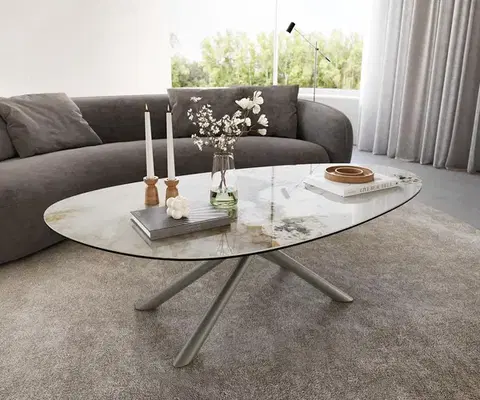 Konferenčné stolíky DELIFE Konferenčný stolík Edge oválny 140x75 cm keramika Minas Melange Sarity kov efektový povrch titán