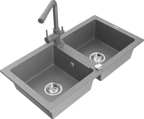 Kuchynské drezy MEXEN/S MEXEN/S - Mario granitový drez 2-bowl vrátane batérie Duero, šedá 6504-71-671600-71