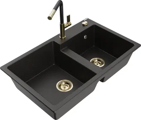 Kuchynské drezy MEXEN/S MEXEN/S - Tomas granitový drez 2-bowl vrátane batérie Flora, čierna/zlatá metalik 6516-75-670401-57-G