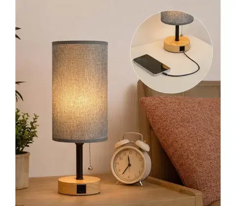 Lampy BRILAGI - Stolná lampa s USB portom TABLON 1xE27/25W/230V dub/čierna/sivá BG3673+BG3683