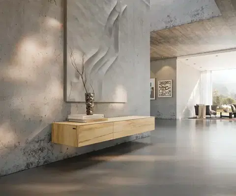Televízne stolíky DELIFE TV stolík Cuor 150 cm keramika Laminam® sabbia v dubovej farbe 1 výklopné dvierka 1 zásuvka závesný