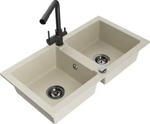 Kuchynské drezy MEXEN/S MEXEN/S - Mario granitový drez 2-bowl vrátane batérie Duero, béžová 6504-69-671600-70