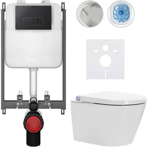 Záchody CERANO - Závesné WC s bidetom Basic/Cronus Standard - biela lesklá - WC tlačidlo Modulo/Čierna - na zamurovanie - 59,3x38,4 CER-8050BD86456