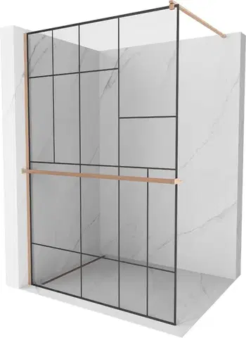 Sprchové dvere MEXEN/S - Kioto+ Sprchová zástena s poličkou WALK-IN 120 x 200, čierna vzor, meď kartáčovaná 800-120-121-65-78