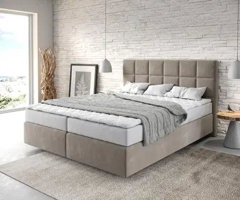 Postele Boxspring DELIFE Boxspring posteľ Dream-Fine 160x200 cm mikrovlákno béžová s matracom a topperom