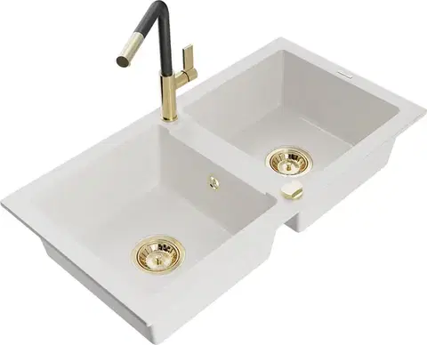 Kuchynské drezy MEXEN/S MEXEN/S - Mario granitový drez 2-bowl vrátane batérie Flora, biela 6504-20-670401-57-G