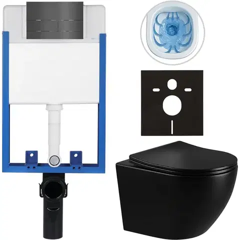 Záchody CERANO - Kompletný WC set Profi/Cesso - čierna lesklá - WC tlačidlo Line/Tmavosivá - na zamurovanie - 49x36 CER-8050BD84274