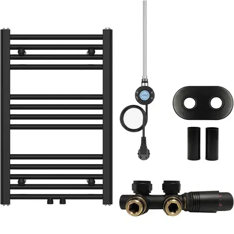 Doplnky do kúpeľne CERANO - Koupelnový radiátorový set Benito - kombinované vytápění, wifi tyč - středové připojení 50 mm - 300W - černá matná - 700x450 mm CER-152536