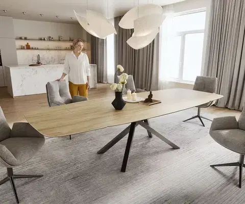 Jedálenské stoly DELIFE Jedálenský stôl Edge zaoblený 200-300×120 cm keramika Laminam® sabbia dubová krížová podstava hranatý nerezová oceľ grafit rozkladací